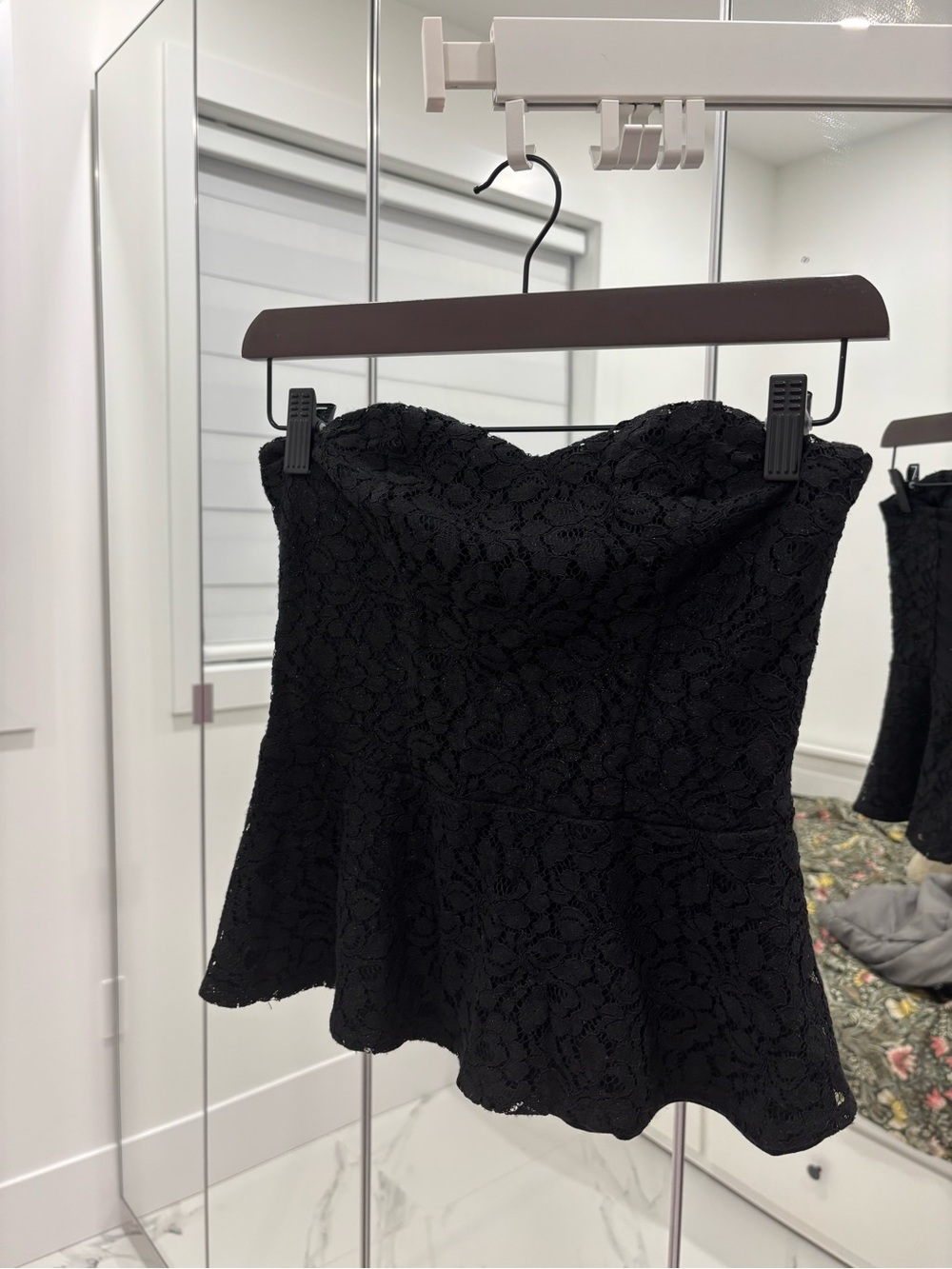 Black Strapless Lace Peplum Top
